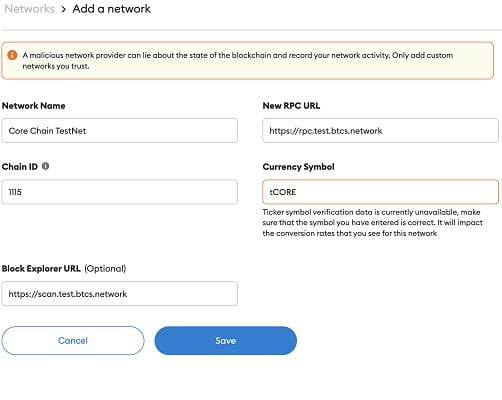 MetaMask set uo for Satoshi Core